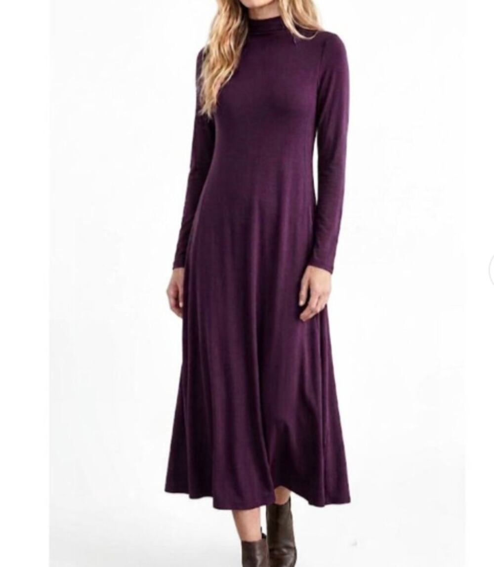 Eileen Fisher Sz S Jersey Mock Neck Long Sleeve Midi Dress Viscose Deep Plum